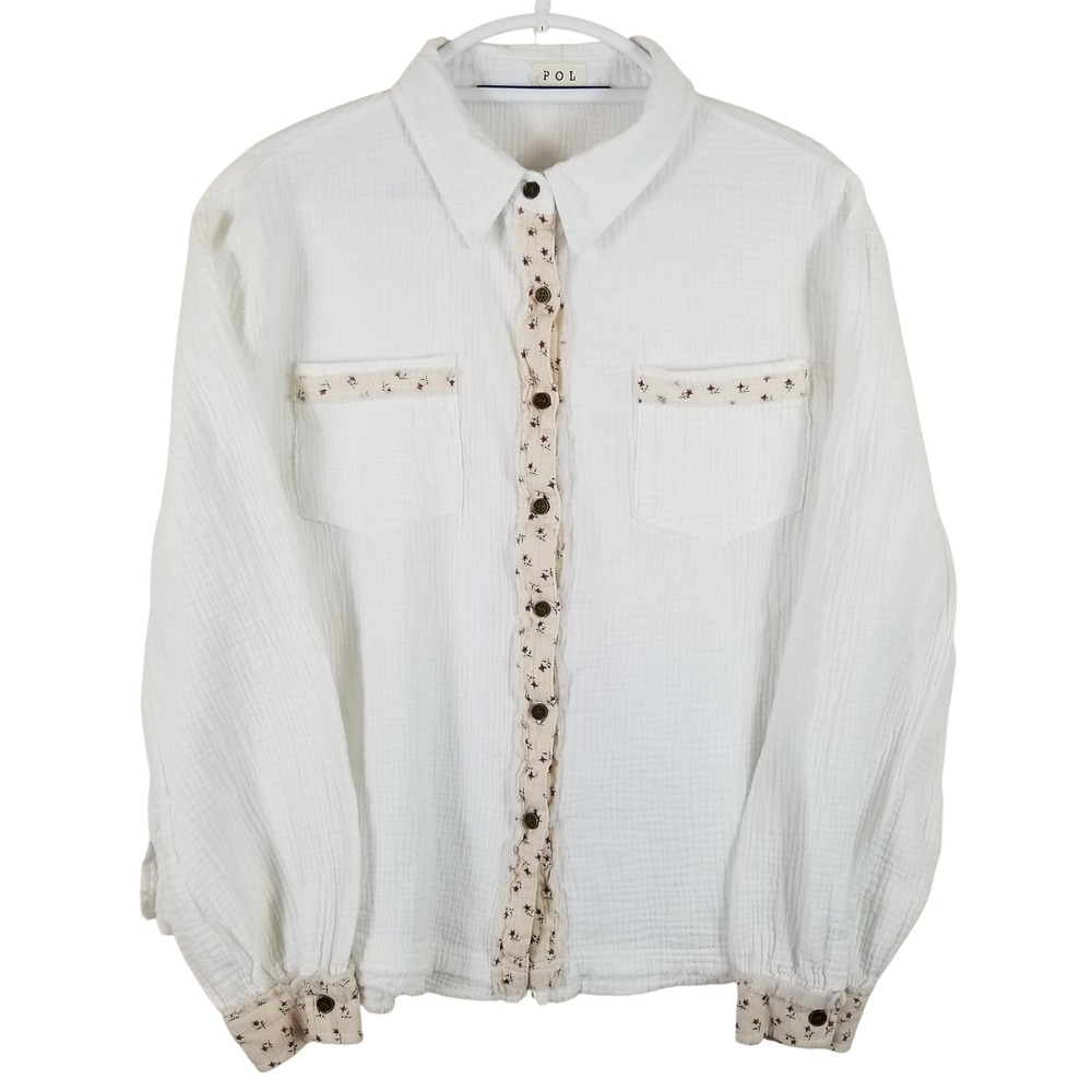 POL Womens White Cotton Gauze Floral Trim Button Down Shirt SMT1970 Large